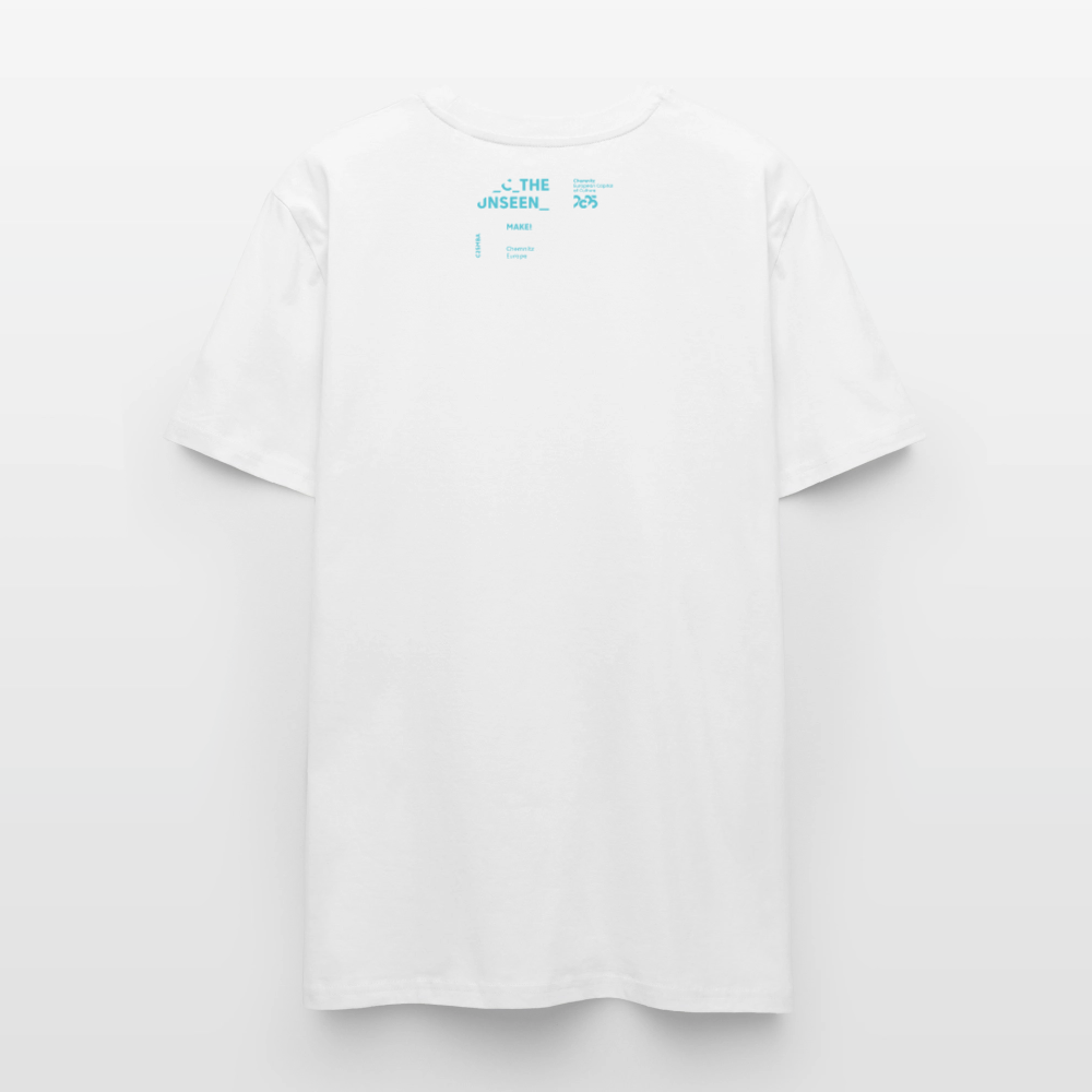 MAKE! in blau - UNISEX T-shirt - Weiß